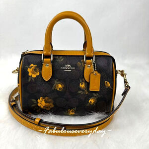Coach Mini Rowan Crossbody Bag Sig Canvas With Floral Print CCF31 Walnut/Yellow
